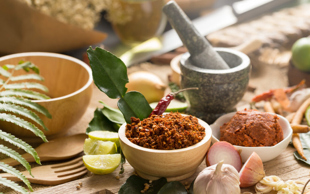 Traditional Thai curry paste with herbs and spices, representing the spicy flavor in Thai cuisine